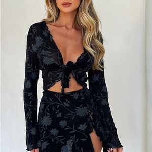Sheer black floral front tie shirt